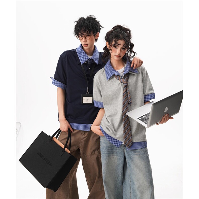 得物抖音高品质二开夏季美式潮牌高街假两件格子衬衣翻领短袖T恤,男装T恤,电商A486