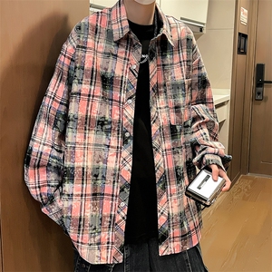 控价69港风格子衬衫宽松外套男女衬衣百搭格子外套CS2406 P45图片