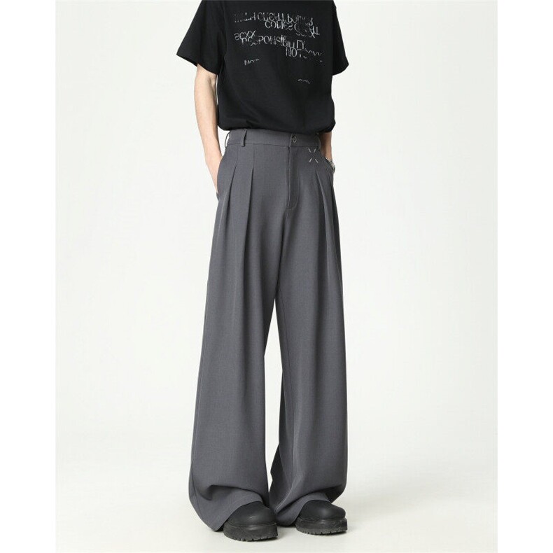 黑色褶皱西裤男款春夏季高级感痞帅宽松直筒美式阔腿微喇休闲裤子，男装西裤，电商A061