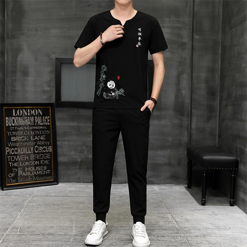 风刺绣短袖T恤套装男士大码宽松长裤男休闲复古潮HO15331-P58，男装休闲套装，星座1105-3