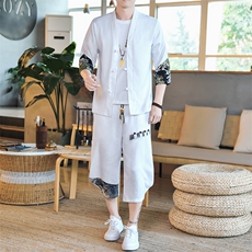 夏季亚麻风男装盘扣套装T恤裤子两件套开衫A266-1-TZ4059-P75，男装休闲套装，电商A266-1