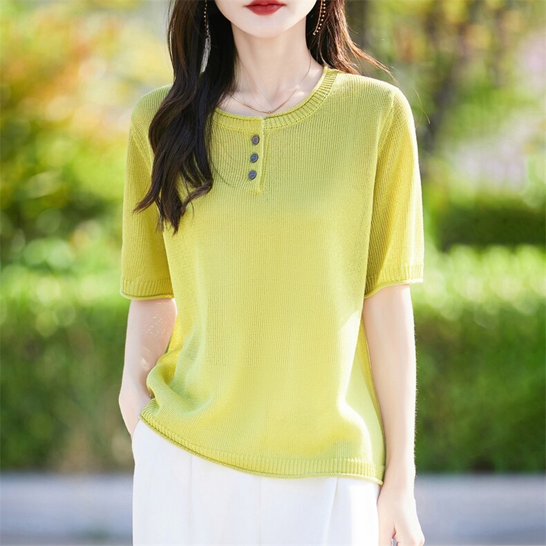 通勤简约圆领冰丝正肩短袖T恤女2025夏季休闲薄半袖小衫百搭上衣,针织衫/毛衣,暖烁羊绒