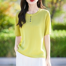通勤简约圆领冰丝正肩短袖T恤女2025夏季休闲薄半袖小衫百搭上衣，女装针织衫/毛衣，暖烁羊绒