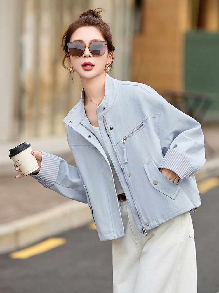 条纹袖口休闲短款蓝色外套女2026春秋新款小个子减龄百搭夹克上衣,女装短外套,美沁