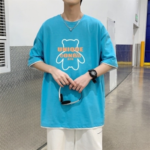 T3585P25已！男士克莱因蓝半袖港风体恤衫男重磅短袖T恤图片