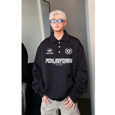 重磅420克美式复古字母印花长袖polo衫男秋季宽松情侣套头上衣，男装Polo衫，电商C307