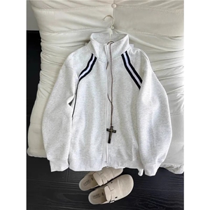 网图美式条纹开衫立领卫衣外套男cleanfit棒球服夹克JK121-特P37图片