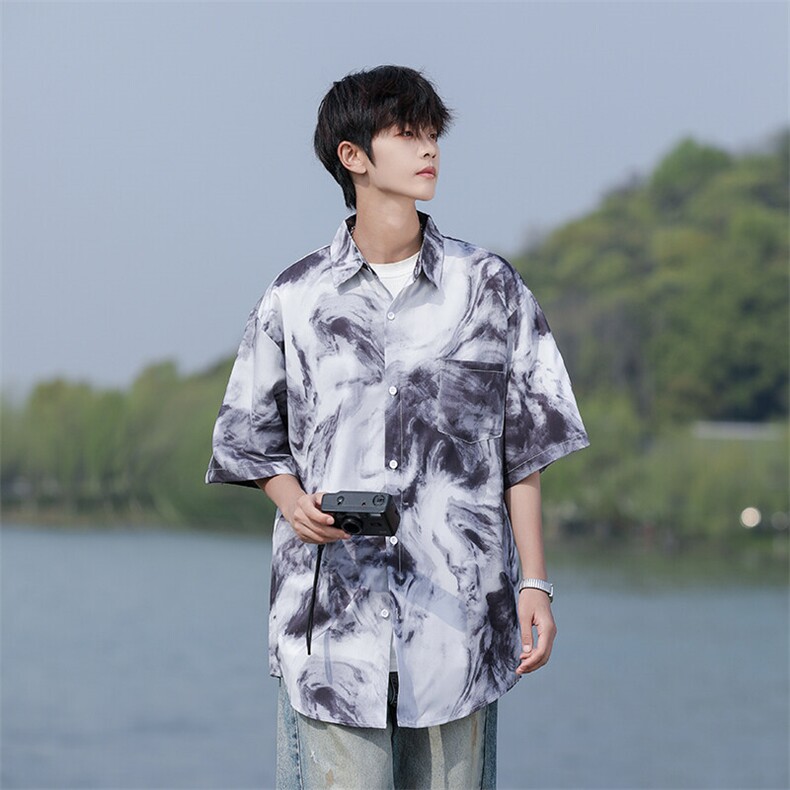wassuphappy扎染短袖衬衫男夏季薄款潮牌大码衬衣服宽松休闲外套,男装T恤,星座109
