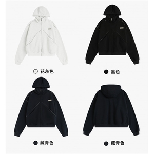 网图 潮情侣美式拼接铆钉拉链卫衣宽松连帽开衫外套 D467 特P85图片