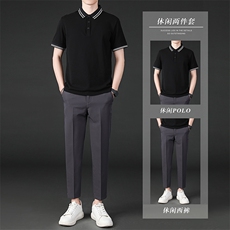 夏季九分西裤男修身韩版港风休闲长裤短袖POLO衫套装两件套潮，男装衬衫，星座505-2（原电商A260-1)