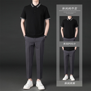 夏季九分西裤男修身韩版港风休闲长裤短袖POLO衫套装两件套潮图片