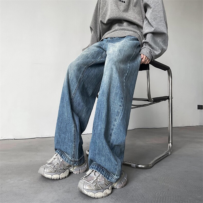 美式高街纯色牛仔裤男款vibe直筒宽松休闲水洗蓝色阔腿长裤子,男装牛仔裤,星座410-6（原星座1304-1）