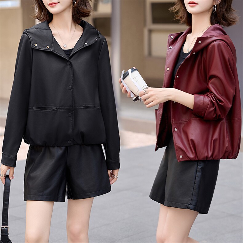 仿真皮皮衣女2024新款秋带帽休闲小个子海宁仿绵羊皮夹克外套短款,女装皮衣,江南女神