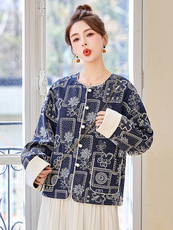 复古蓝色刺绣亮片牛仔外套女2025春节新款气质百搭新中式圆领上衣，女装短外套，沁沁公主
