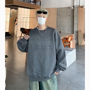 港风大码美式钢印麂皮绒套头圆领卫衣男女XZ213-JPR205-P60控78,港风气质冬季穿搭图片