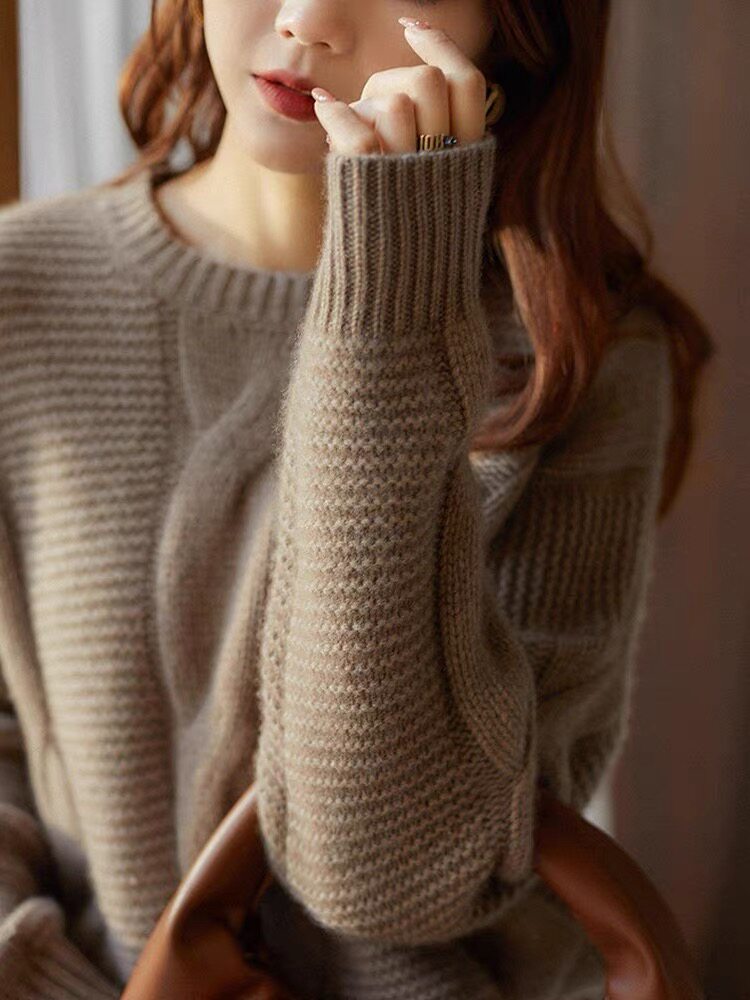 秋冬复古绞花圆领宽松羊毛衫女短款加厚套头软毛衣,女装羊毛衫,思途羊绒