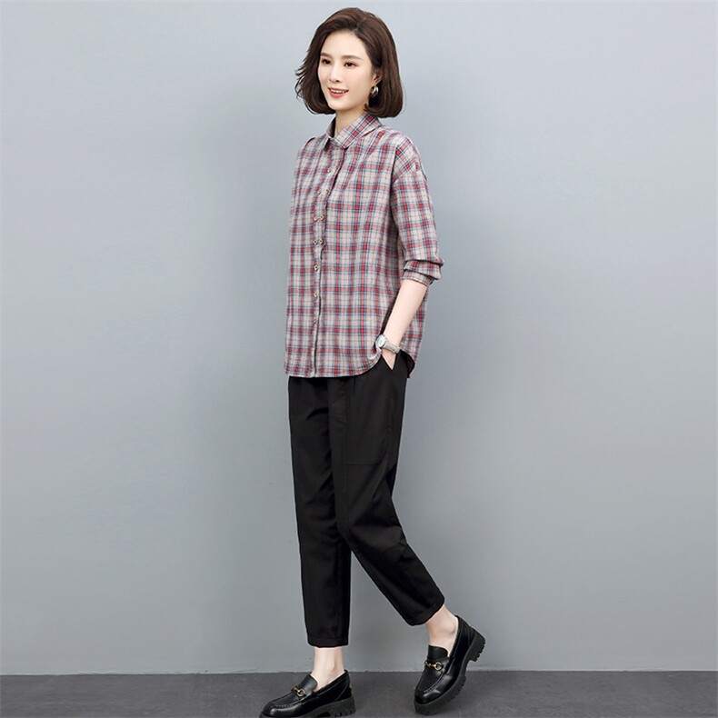 春秋装套装女宽松显瘦2022年新款潮韩版休闲格子衬衫两件套装裤子,女装套装/套裙,忆绮罗
