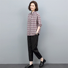 春秋装套装女宽松显瘦2022年新款潮韩版休闲格子衬衫两件套装裤子，女装套装/套裙，忆绮罗