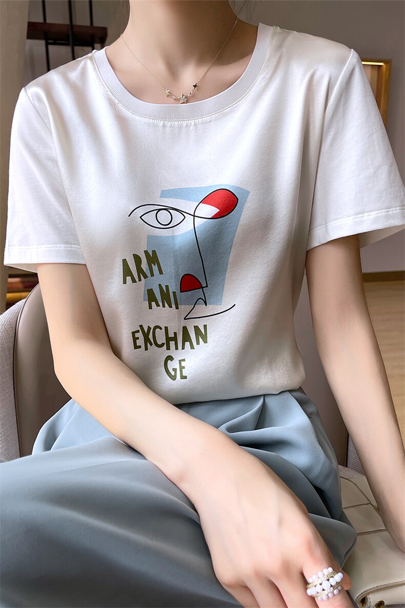 重磅真丝t恤女短袖印花桑蚕丝白色圆领小衫2024夏装半袖短款上衣,女装T恤,兴泰羊绒