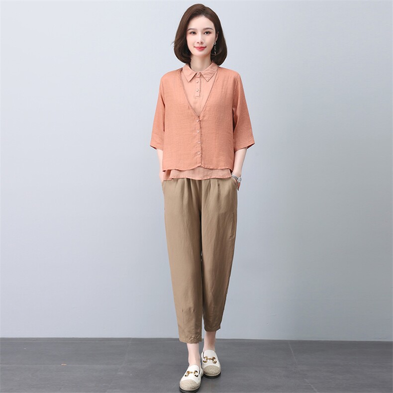 时尚休闲棉麻套装女2025夏季新款中年妈妈苎麻衬衫减龄亚麻两件套，女装套装/套裙，忆绮罗