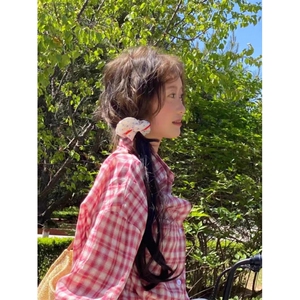 TC736-P45 新款复古文艺风红色格纹衬衫女美式慵懒风宽松百搭潮图片