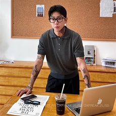 潮男老钱风冰丝凉感Polo领针织T恤纽扣设计感百搭高级感透气短袖T，男装T恤，星座1210-1