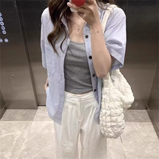 日系复古翻领衬衫女2025夏季新款宽松百搭休闲男女款条纹短袖衬衣，男装T恤，星座1210-1