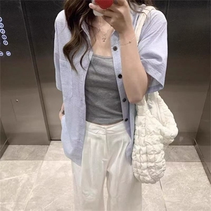 日系复古翻领衬衫女2025夏季新款宽松百搭休闲男女款条纹短袖衬衣图片