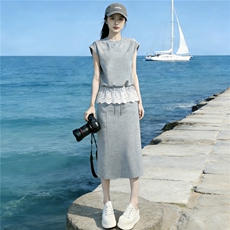 设计感时尚气质简约套装女夏新款蕾丝拼接无袖上衣半身长裙两件套，女装套装/套裙，江南