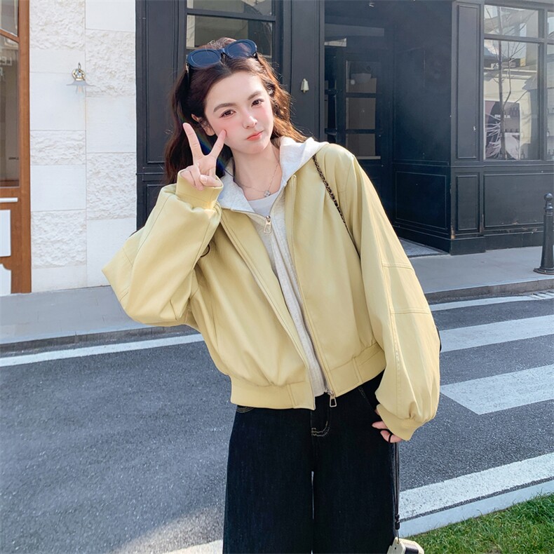 2B081-7707-P160-K238春季2026新款连帽短款皮衣夹克假两件外套,女装短外套,2B081