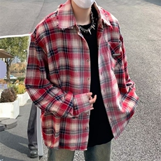 春秋款美式复古格子衬衫男士春秋新款潮流百搭拼色长袖衬衣外套，男装衬衫，星座1013
