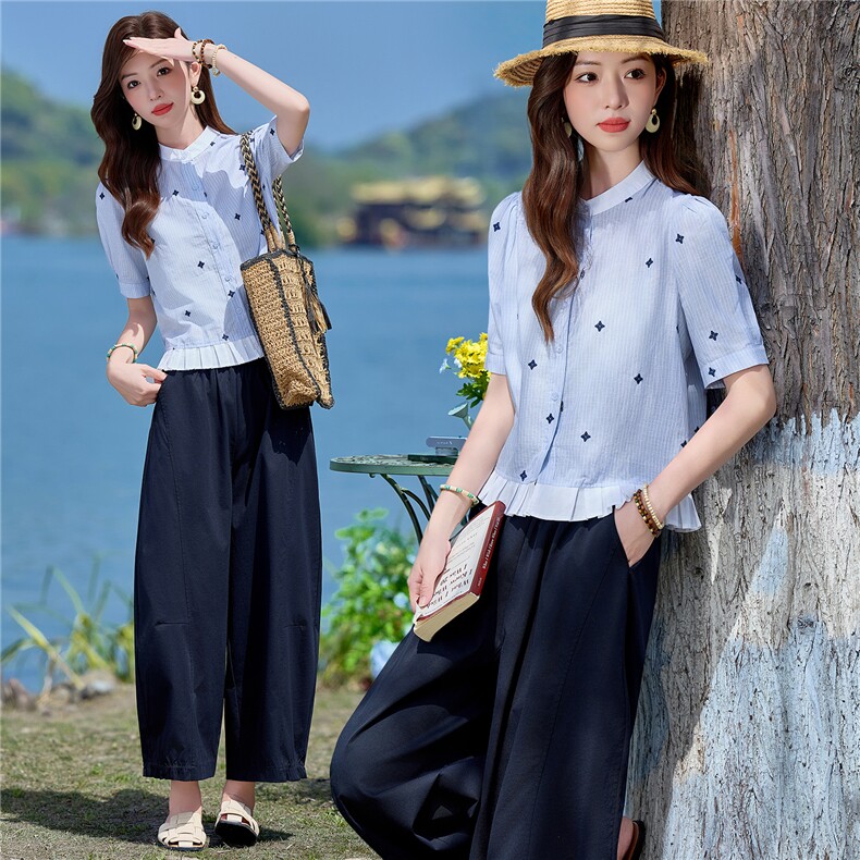 2026年夏季新款刺绣小立领衬衫阔腿裤两件套套装女，女装套装/套裙，依路服饰