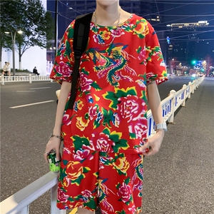 TZ203男女休闲东北大花短袖圆领T恤衫短裤可套装单选团队服风图片