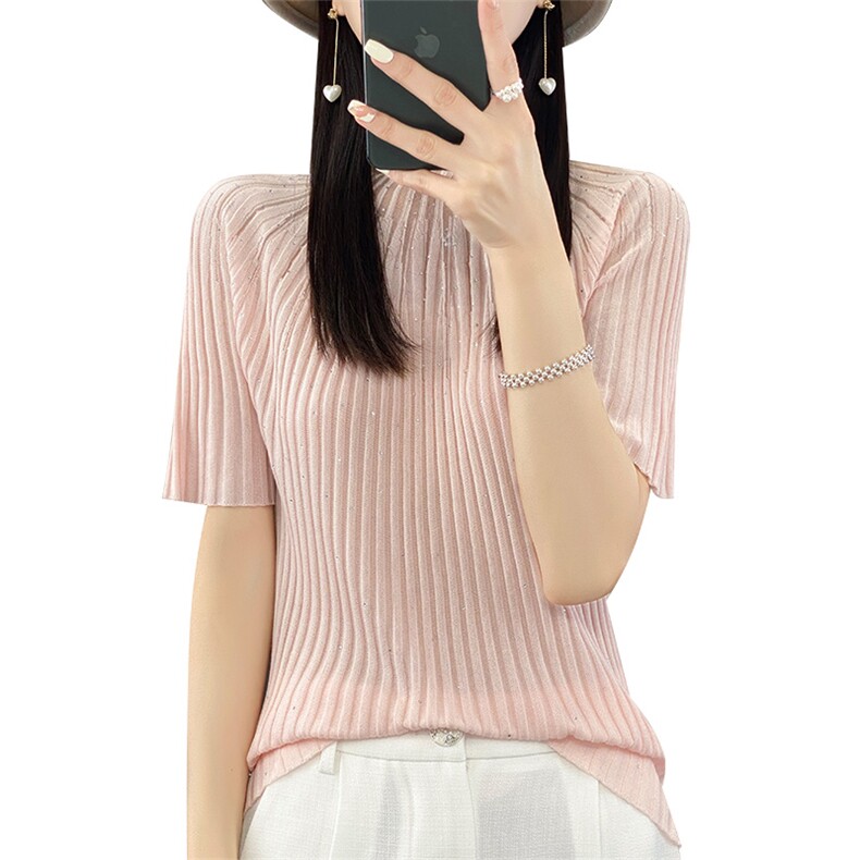 时尚洋气亮片薄款羊毛针织衫短袖女夏季宽松半袖套头T恤冰丝上衣,女装T恤,暖烁羊绒