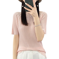 时尚洋气亮片薄款羊毛针织衫短袖女夏季宽松半袖套头T恤冰丝上衣，女装T恤，暖烁羊绒