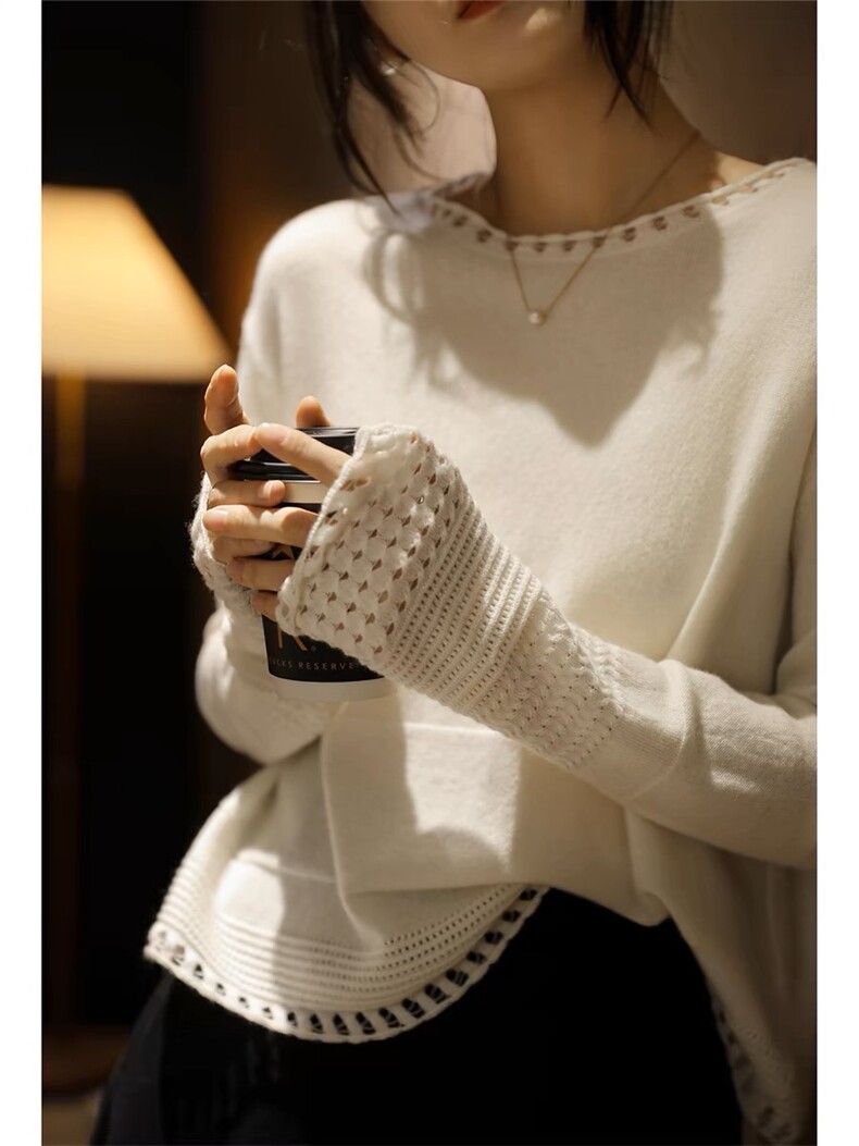 2025新款镂空圆长袖女士，女装针织衫/毛衣，初韵羊绒