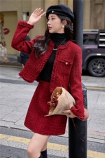 小香风套装裙2026秋季新款小个子超火韩系高级感红色羊毛呢两件套，女装套装/套裙，雅静靓衣