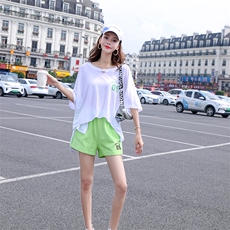 字母款圆领短袖宽松休闲韩版百搭2021年夏季两件套，女装套装/套裙，布衣桑