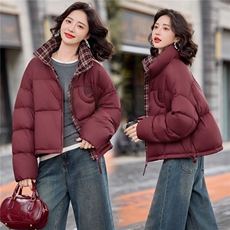时尚格子拼接立领短款羽绒服女2025冬季新款洋气小个子白鸭绒外套，女装羽绒服，涵墨