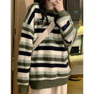 Q60-P47 美式复古学院风条纹毛衣女秋冬日系慵懒风潮牌宽松,男装T恤,电商B323A