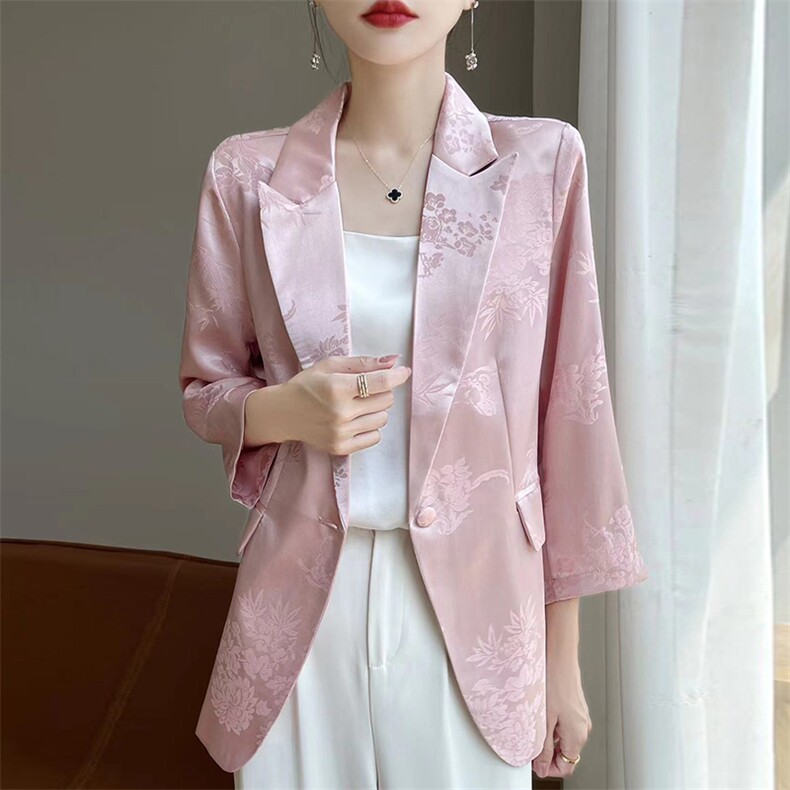 气质提花高端醋酸缎面西装外套女百搭收褶显瘦休闲西服，女装西装，朝贺羊绒