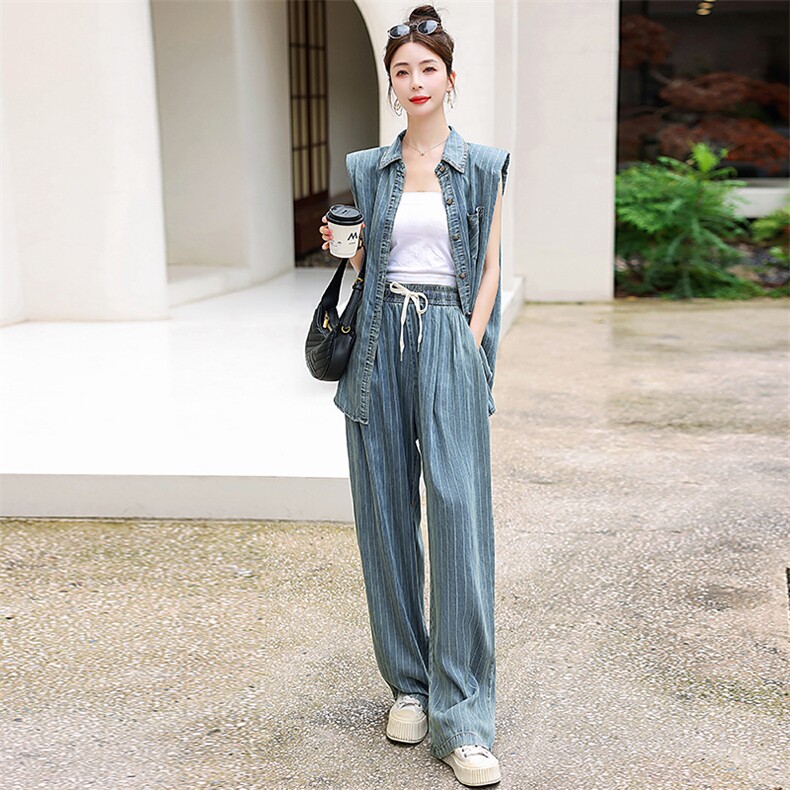复古港风牛仔套装女夏季时尚无袖垫肩衬衫薄款天丝阔腿长裤两件套,女装套装/套裙,梦懿尔
