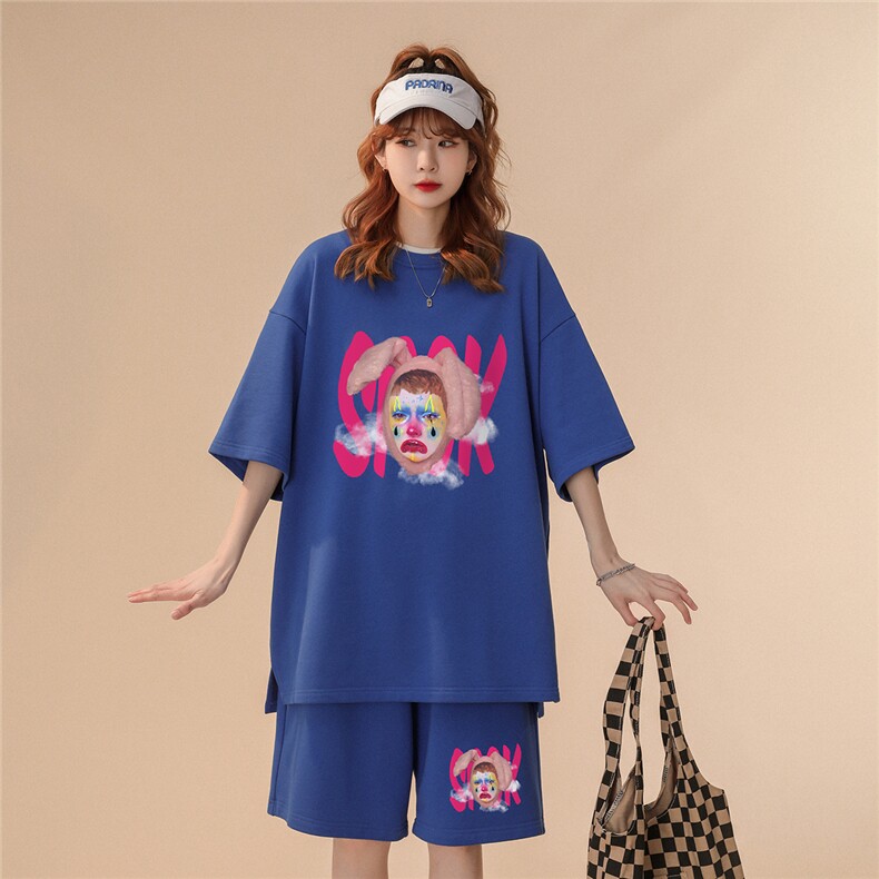 中性风23夏季做旧卡通印花圆领短袖美式垂感短裤套装TZ66P50控68图片