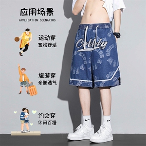 字母印花美式牛仔短裤男夏s宽松直筒大裤衩过膝中裤DK22872-P48图片