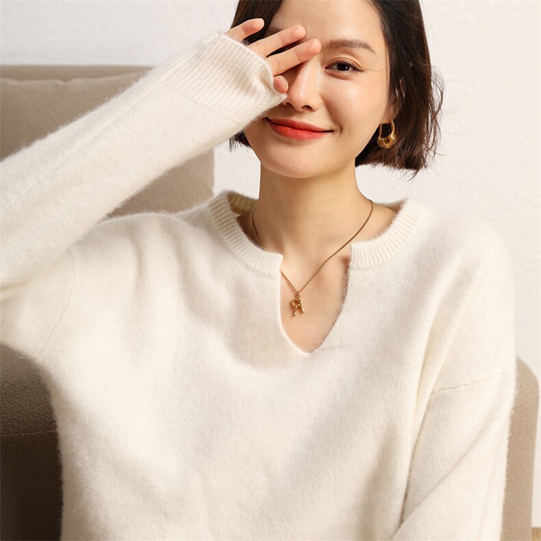 秋冬纯色V领长袖羊绒针织衫女韩版宽松时尚百搭上衣内搭毛衣,女装羊绒衫,五色羊羊绒