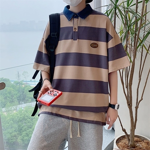 夏季百搭翻领polo衫港风潮流条纹撞色宽松短袖T恤男 T1170-P31图片