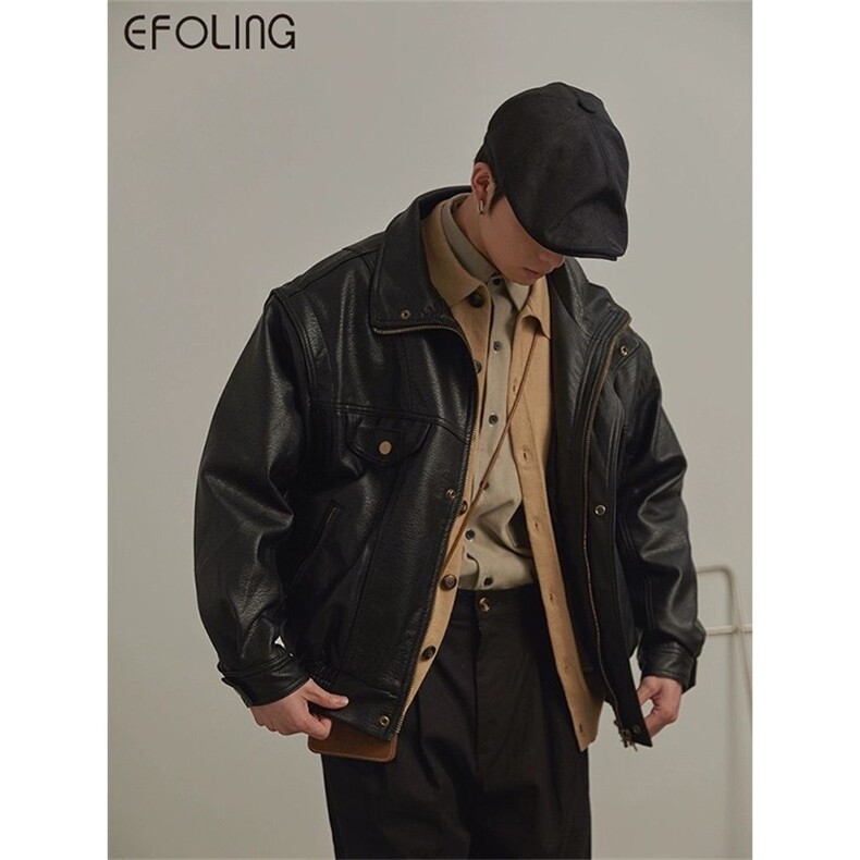 美式复古宽松翻领皮衣外套男潮牌高级感百搭机车服情侣飞行夹克冬,男装皮衣,星座1210-1