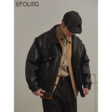 美式复古宽松翻领皮衣外套男潮牌高级感百搭机车服情侣飞行夹克冬，男装皮衣，星座1210-1