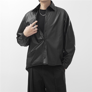 港风秋冬款男PU皮衬衫休闲宽松皮夹克外套JK0026 P50图片