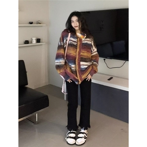 788-P60 美式复古彩色条纹撞色开衫毛衣男女慵懒圆领宽松休闲图片